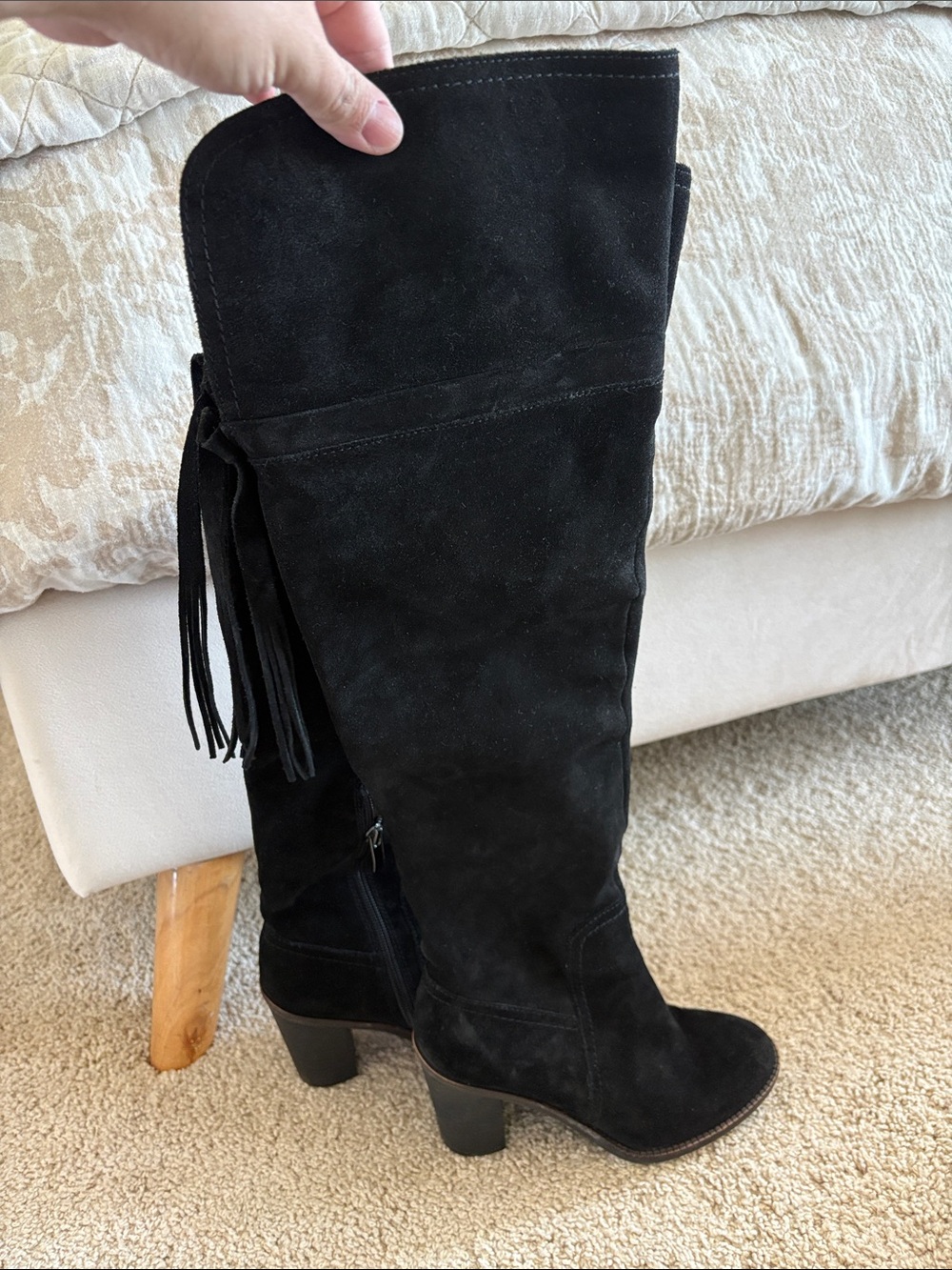 Franco Sarto Black Suede Over-the-Knee Fringe Boots